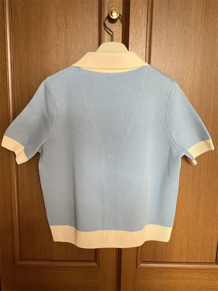 Short-Sleeved Knit Top with Collar and Buttons, Light Blue