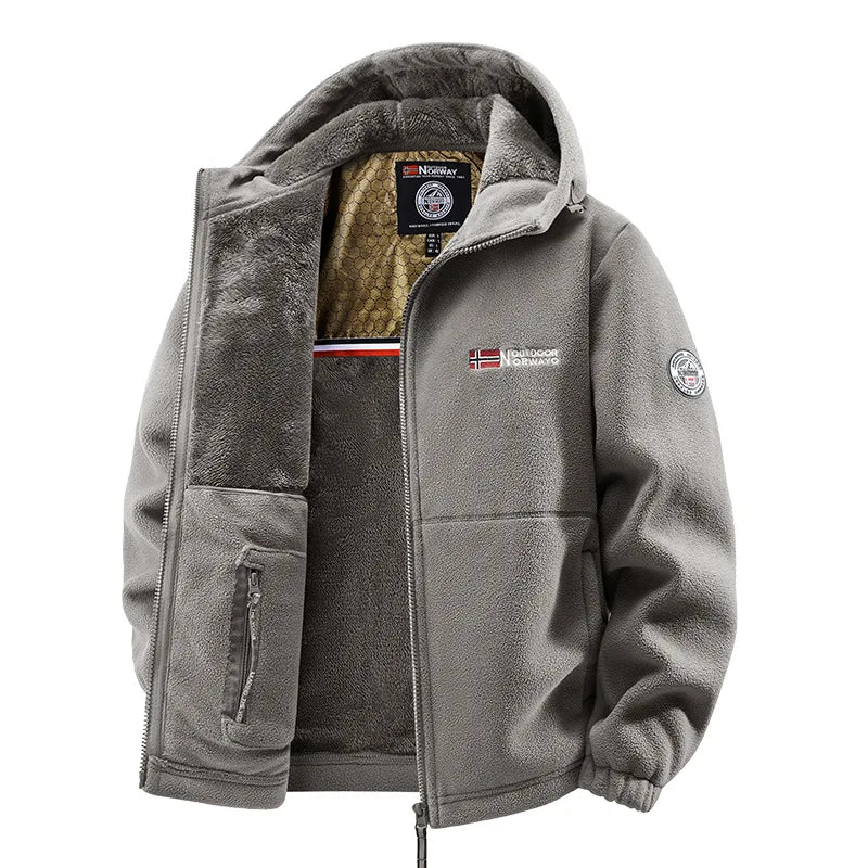 Men's lined fleece jacket with hood and zip closure