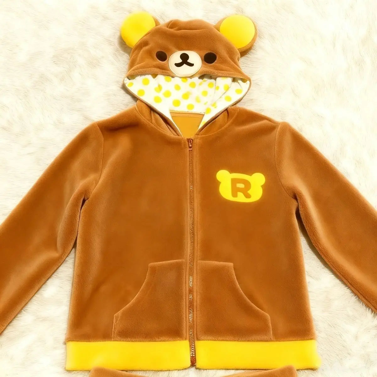 Unisex Teddybär Hoodie Jacke mit Reißverschluss, Beige, Plüsch Look, Kapuze mit Ohren