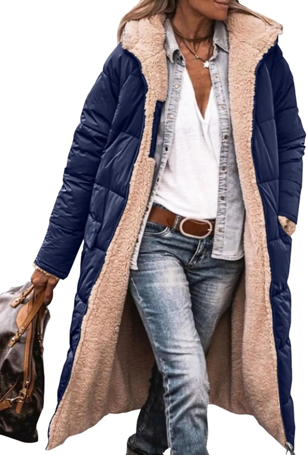 Long women's quilted coat with teddy lining & hood - Warmly lined winter coat