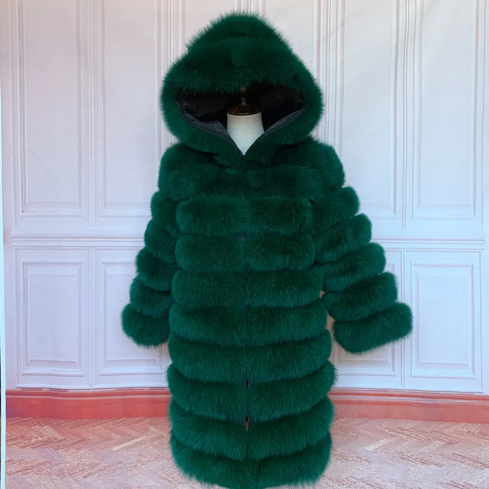 Women's winter faux fur coat with hood, long sleeves, warm jacket, striped