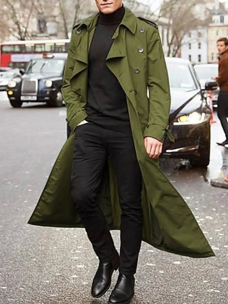 Men's Long Double-Breasted Trench Coat Khaki Black Green Orange