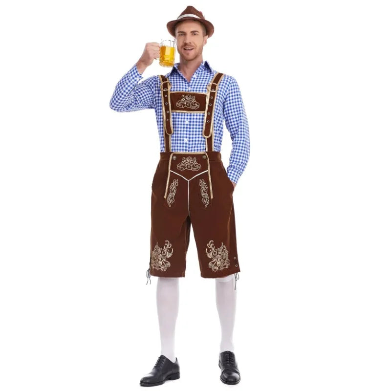 Herren Trachten Lederhose Set kariertes Hemd Oktoberfest Kostüm