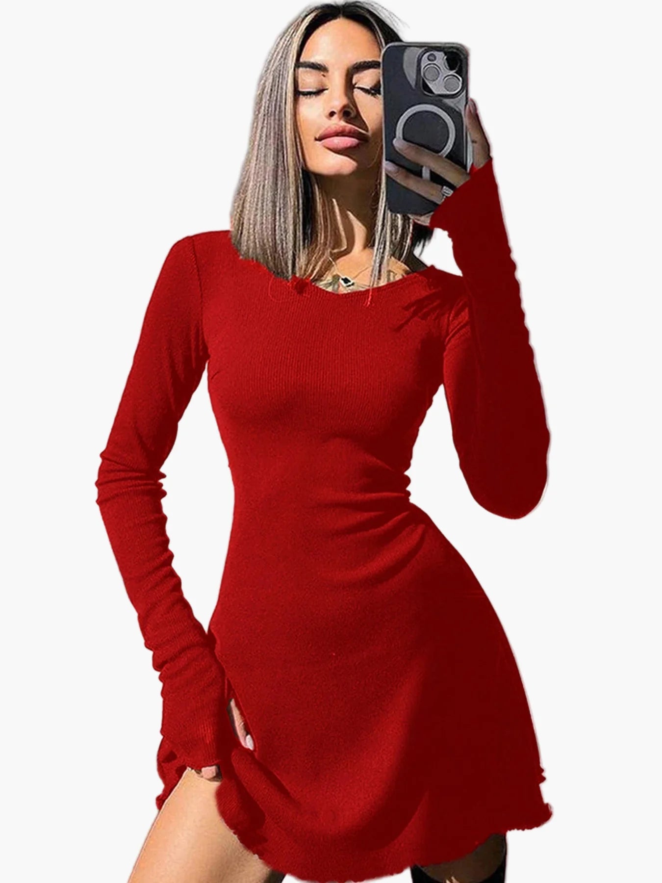 Damen Langarm Minikleid Figurbetont Elegant für Alltag und Ausgehen