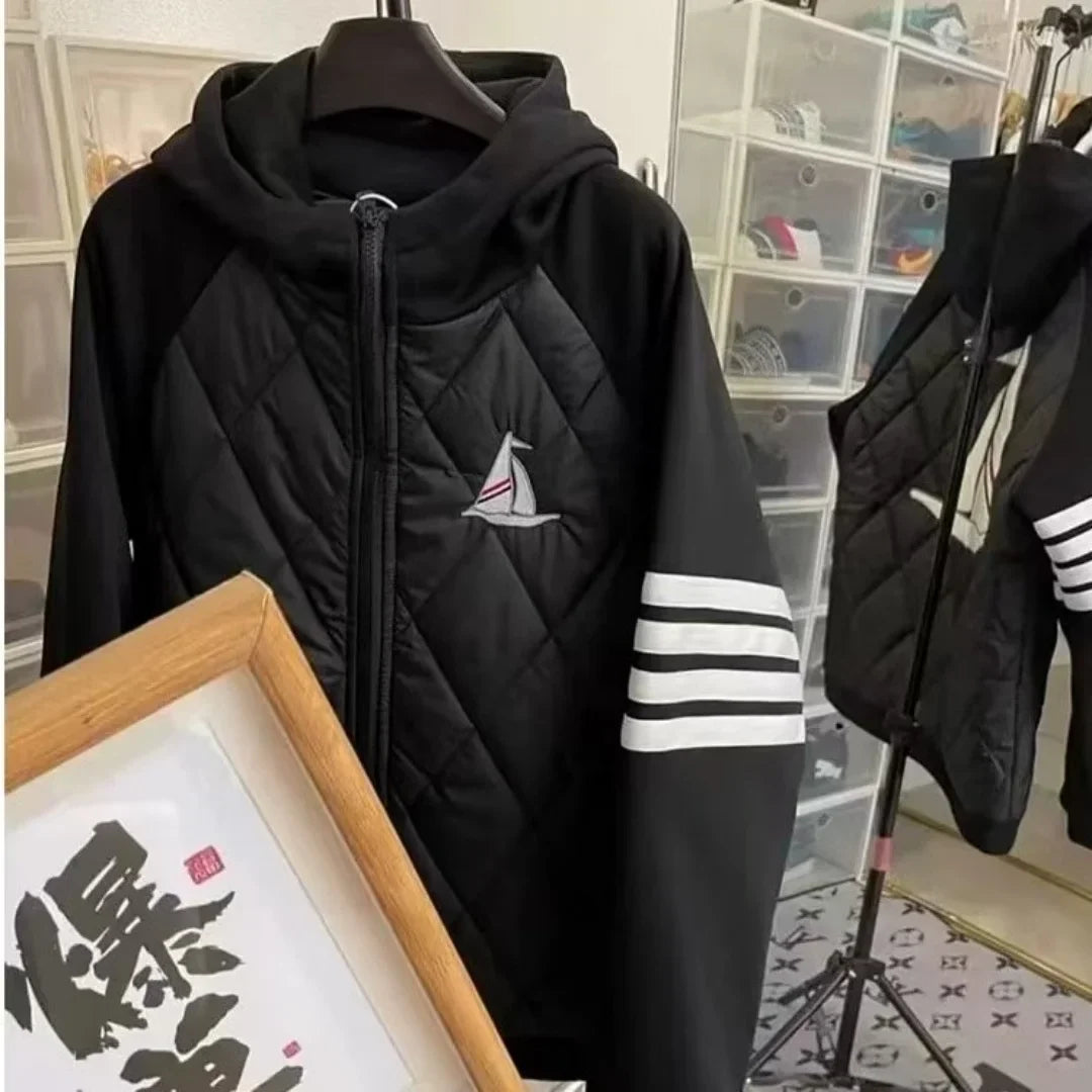 Unisex quilted jacket with hood and sailboat motif, black