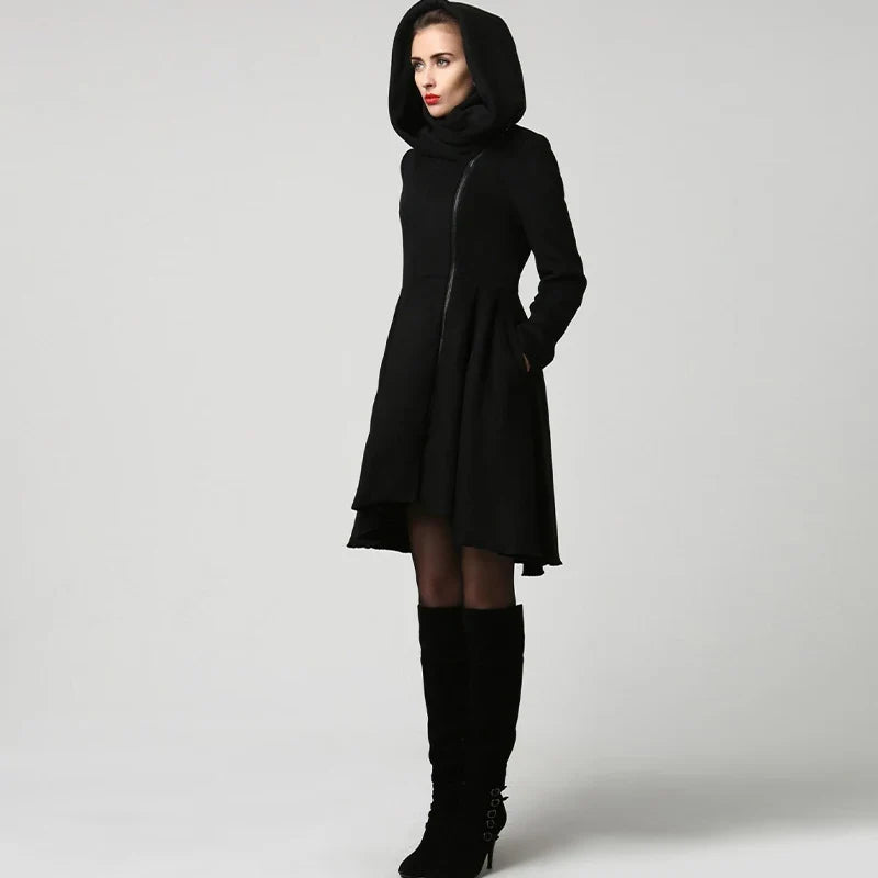 Damen Mantel Schwarz Asymmetrisch mit Stehkragen und Reißverschluss