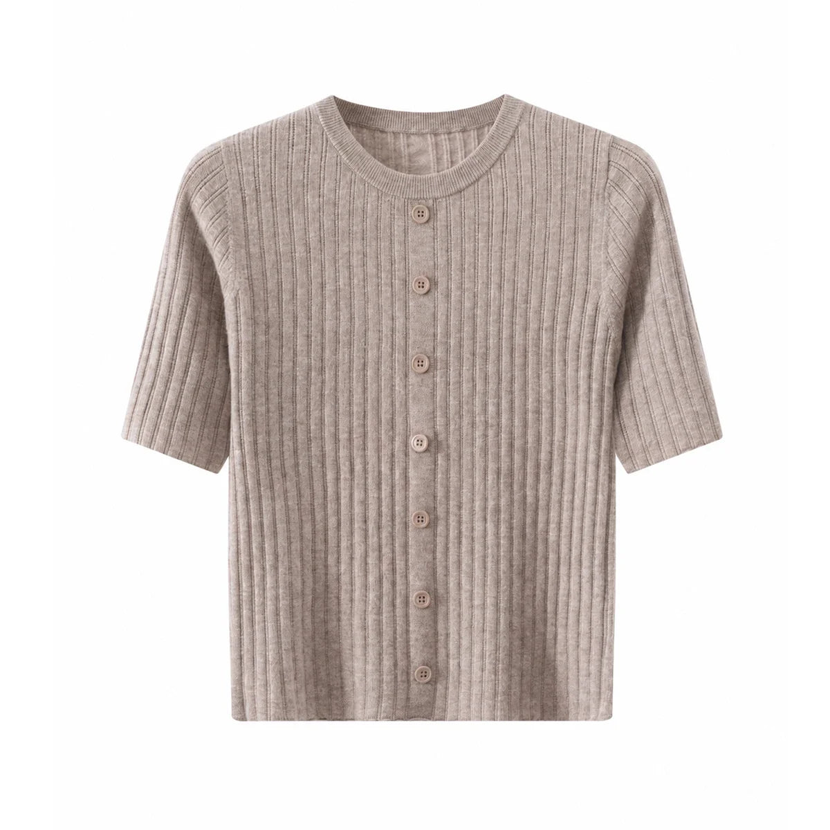 Women's Ribbed Knit Top with Short Sleeves and Button Placket