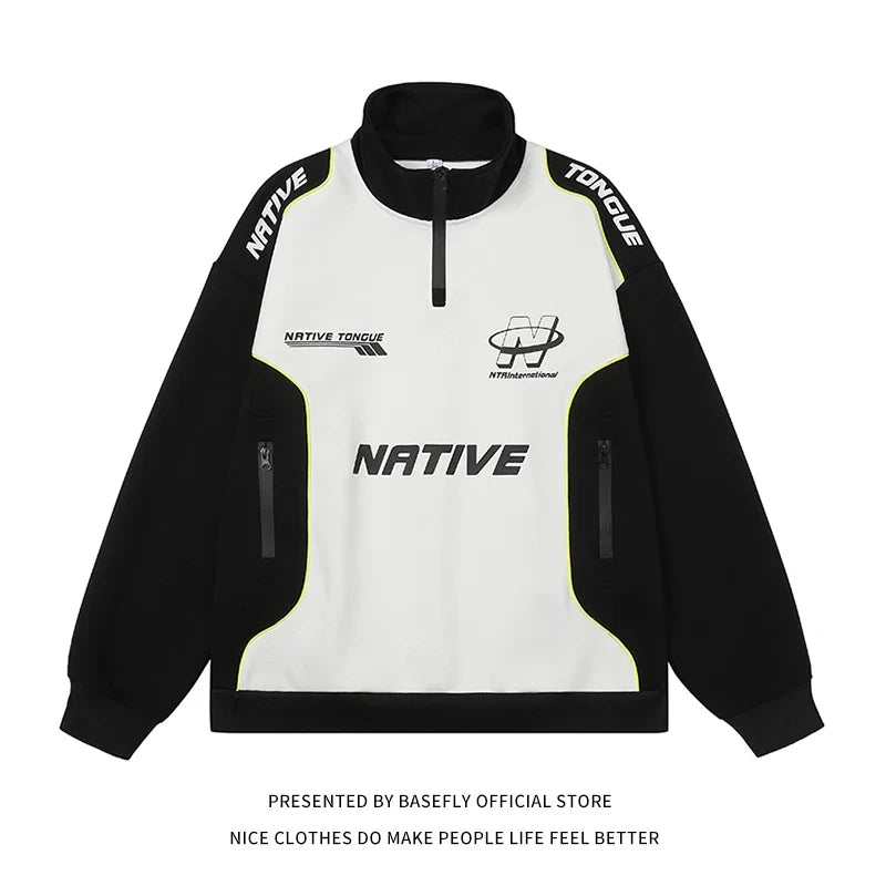 Unisex half-zip jacket with stand-up collar, black and white, with zippered pockets