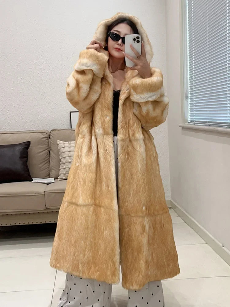Women's long hooded coat, faux fur look, off-white gray