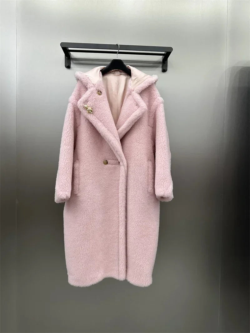 Women's long teddy coat with hood & teddy brooch