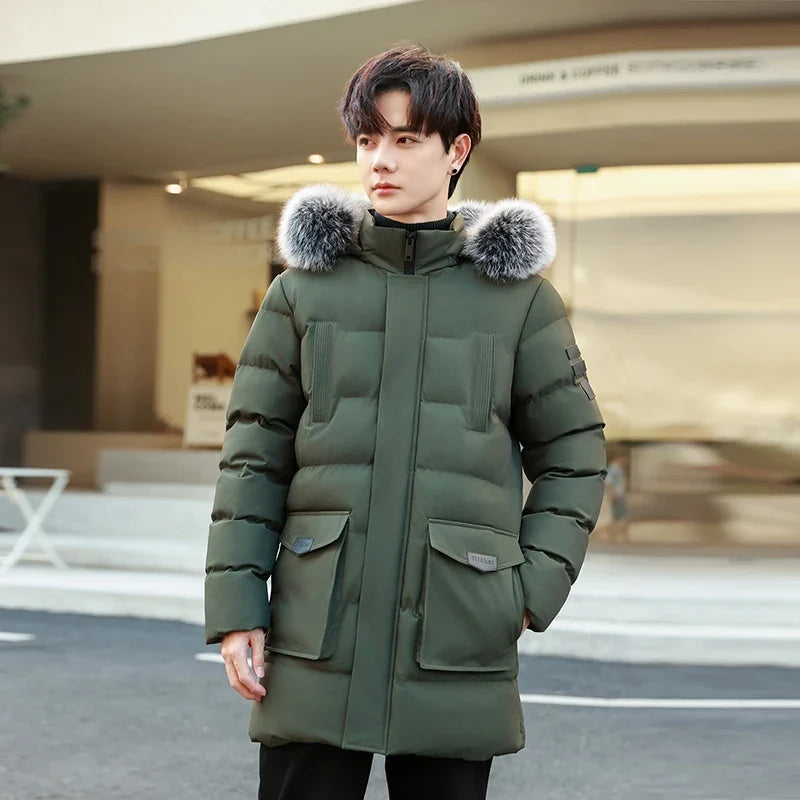 Men's winter jacket, quilted, with fur hood, parka, warm and lined