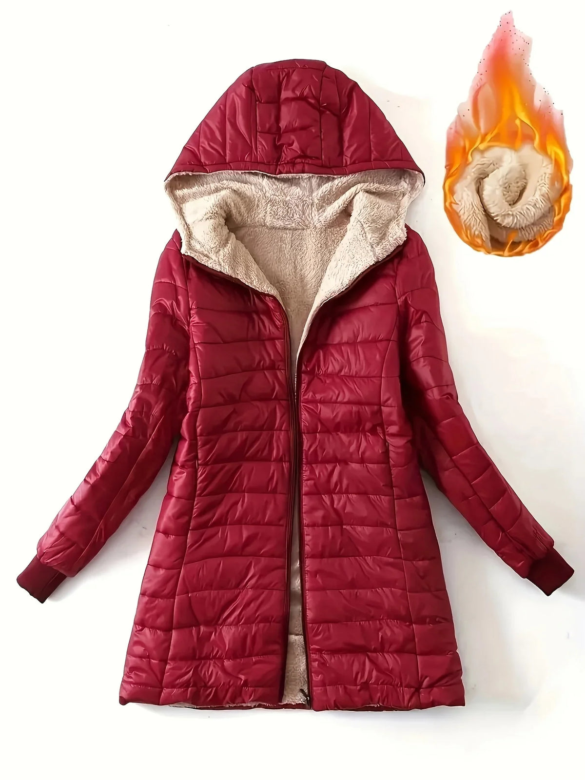 Damen Steppjacke mit Kapuze, gefüttert mit Kunstfell, langer Schnitt