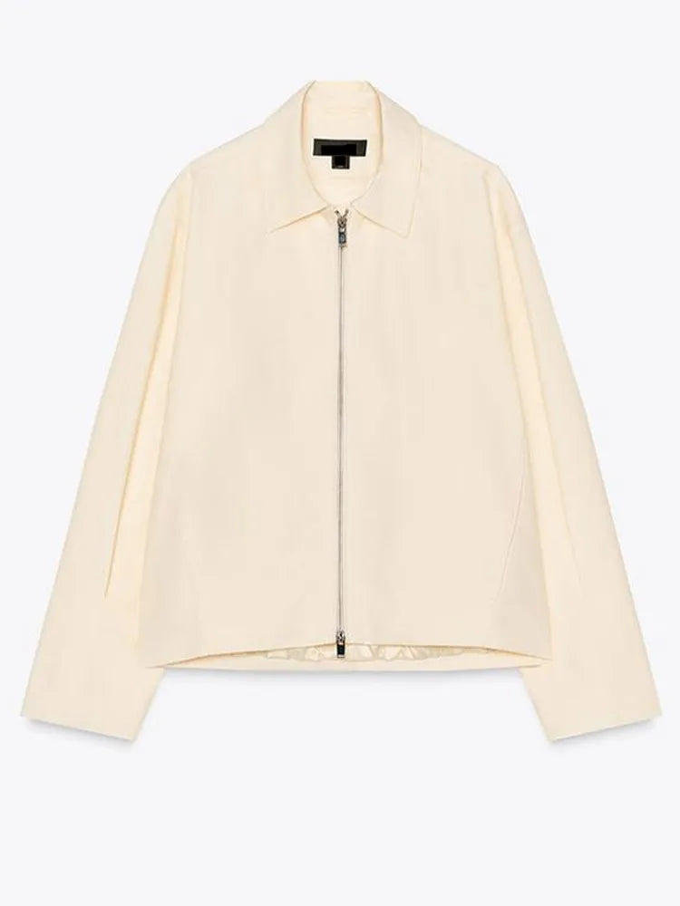 Women's cream-colored jacket with zipper, collar, and wide sleeves