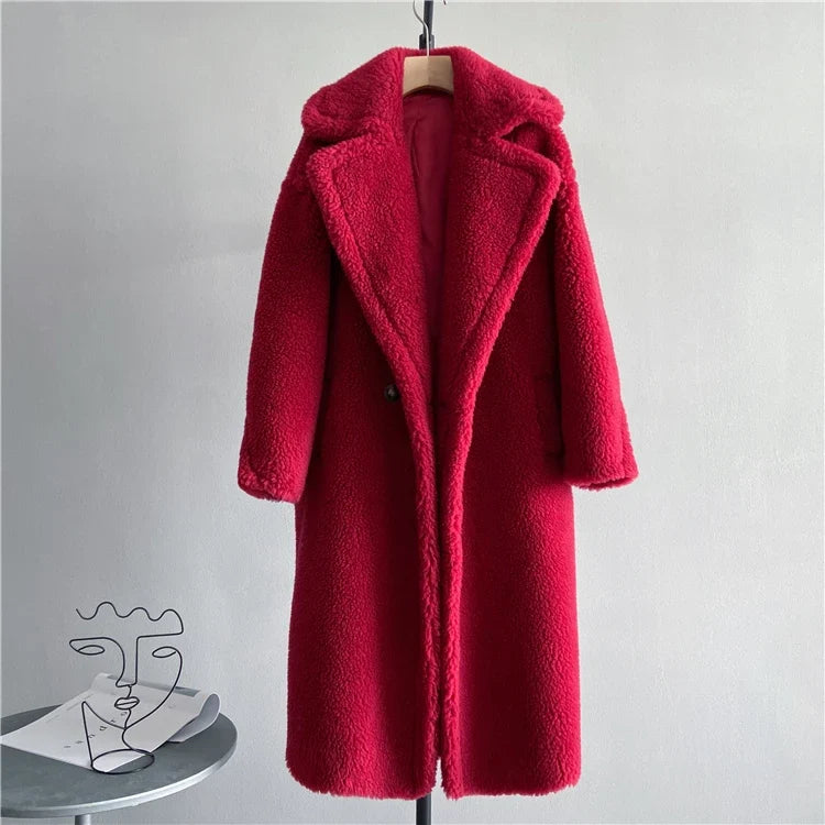 Damen Teddyfell-Mantel Lang Zweireihig Beige Winter