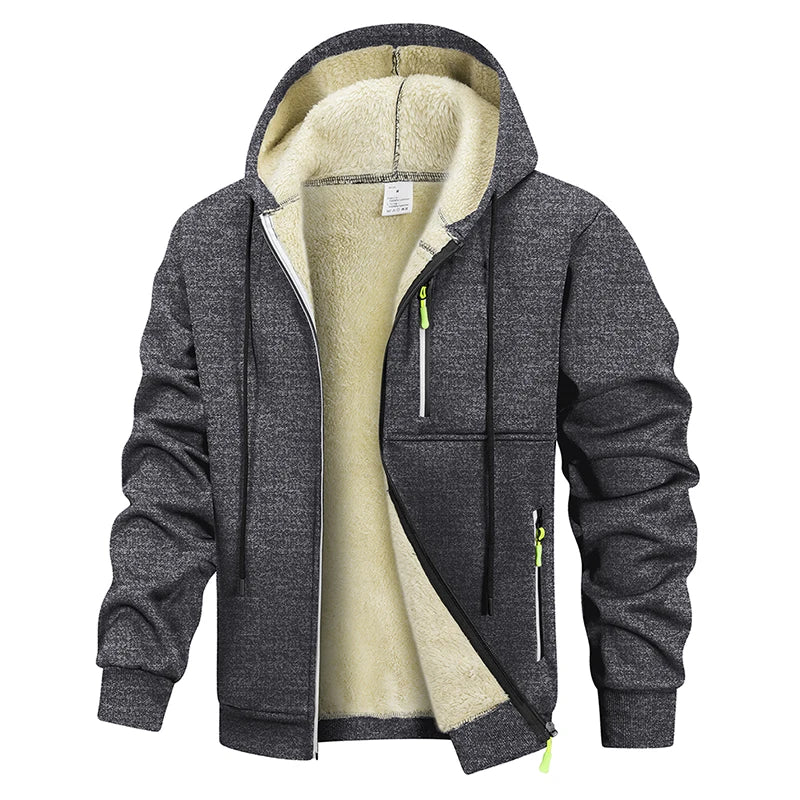 Lined men's hoodie, winter jacket with zip closure, hooded jacket, black