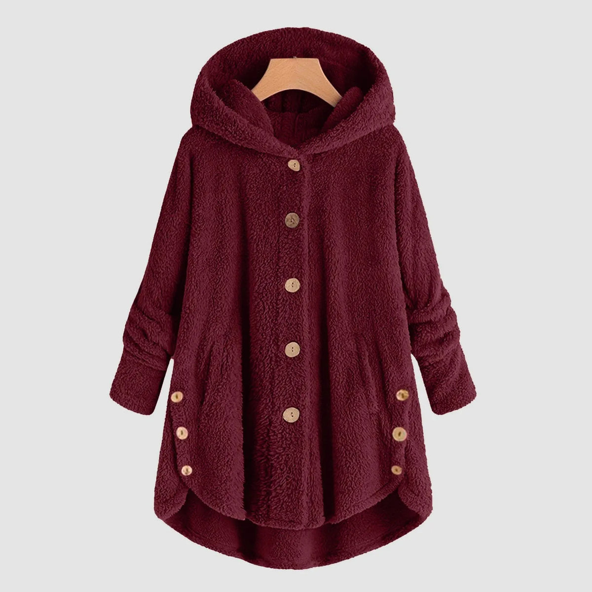 Damen Fleecejacke mit Kapuze Teddy-Optik Langarm Knopfleiste unregelmäßigem Saum