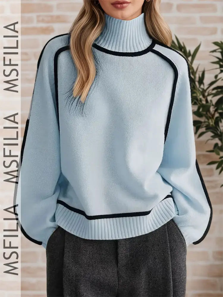Damen Rollkragen Pullover Strickwaren mit Kontrastnähten Langarm