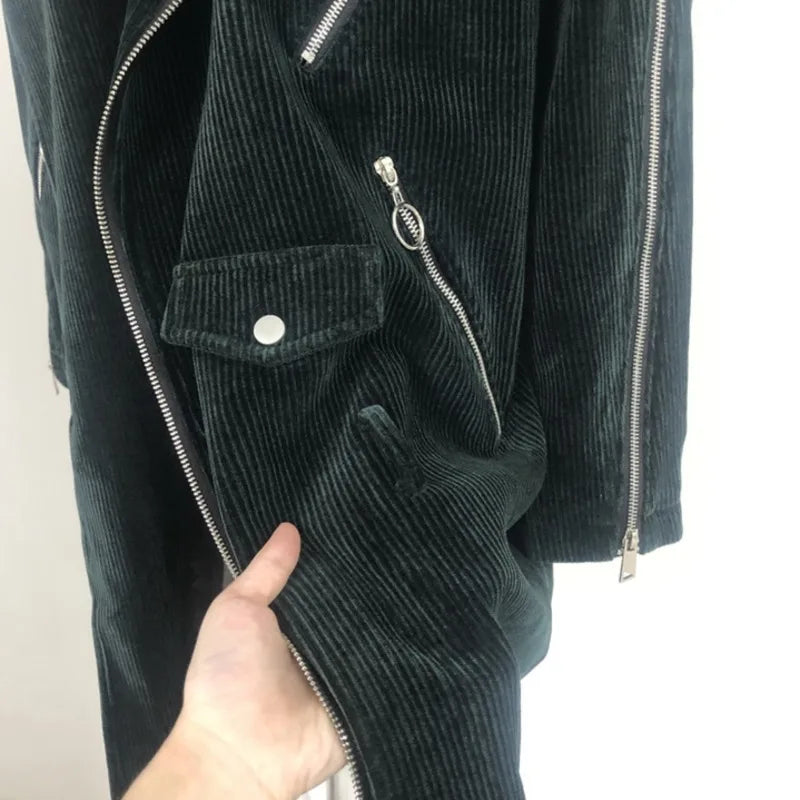 Long Unisex Corduroy Coat Dark Green with Zippers