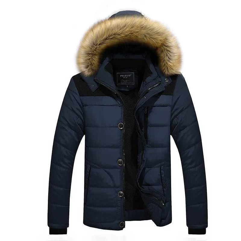 Herren Winterjacke mit Kapuze und Kunstfellbesatz, gesteppt, warm gefüttert
