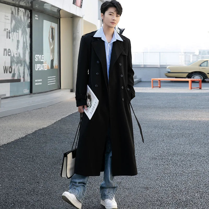 Men's Long Double-Breasted Trench Coat with Belt