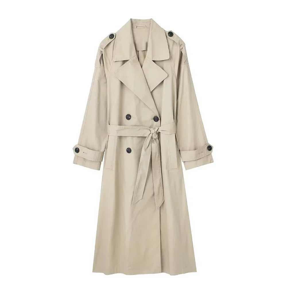 Damen Trenchcoat Lang mit Gürtel Zweireihig Klassischer Übergangsmantel Beige Grün