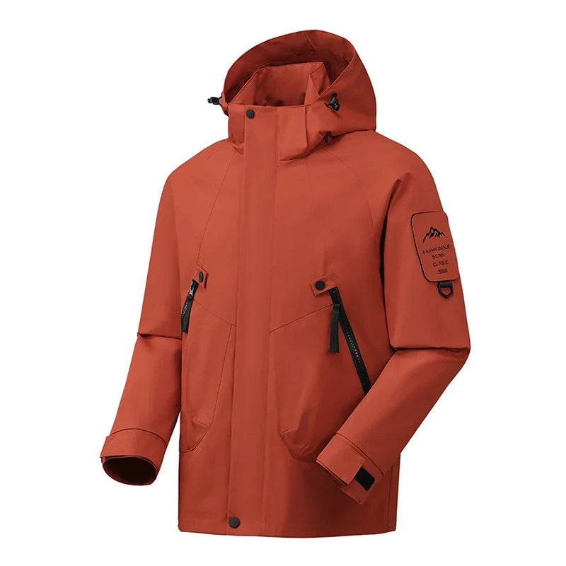 Unisex outdoor jacket with hood and zippered pockets, windproof and water-repellent