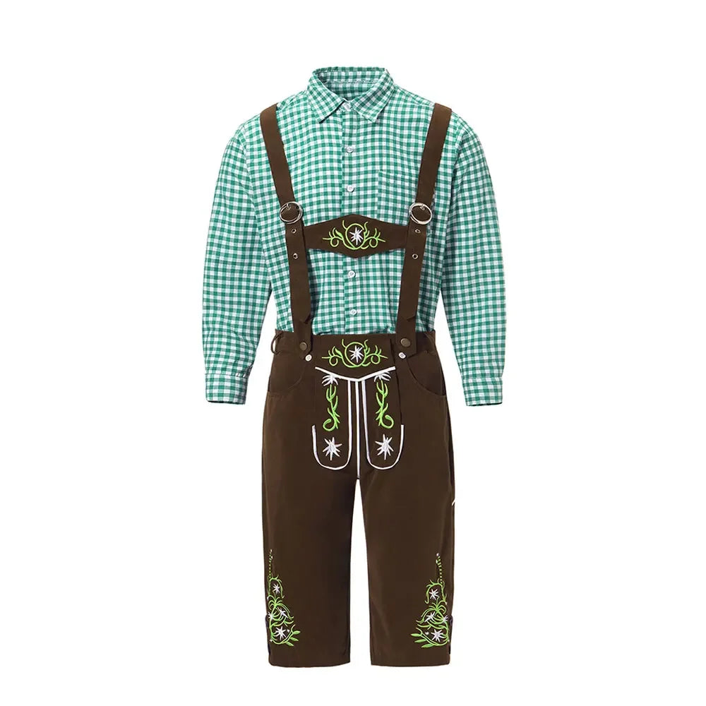 Men's traditional leather pants set with shirt and suspenders, black or brown