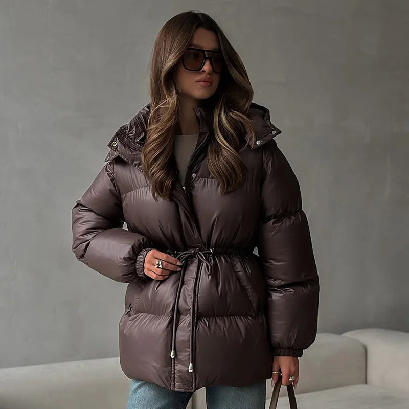 Brown oversized quilted coat for women with high collar, winter