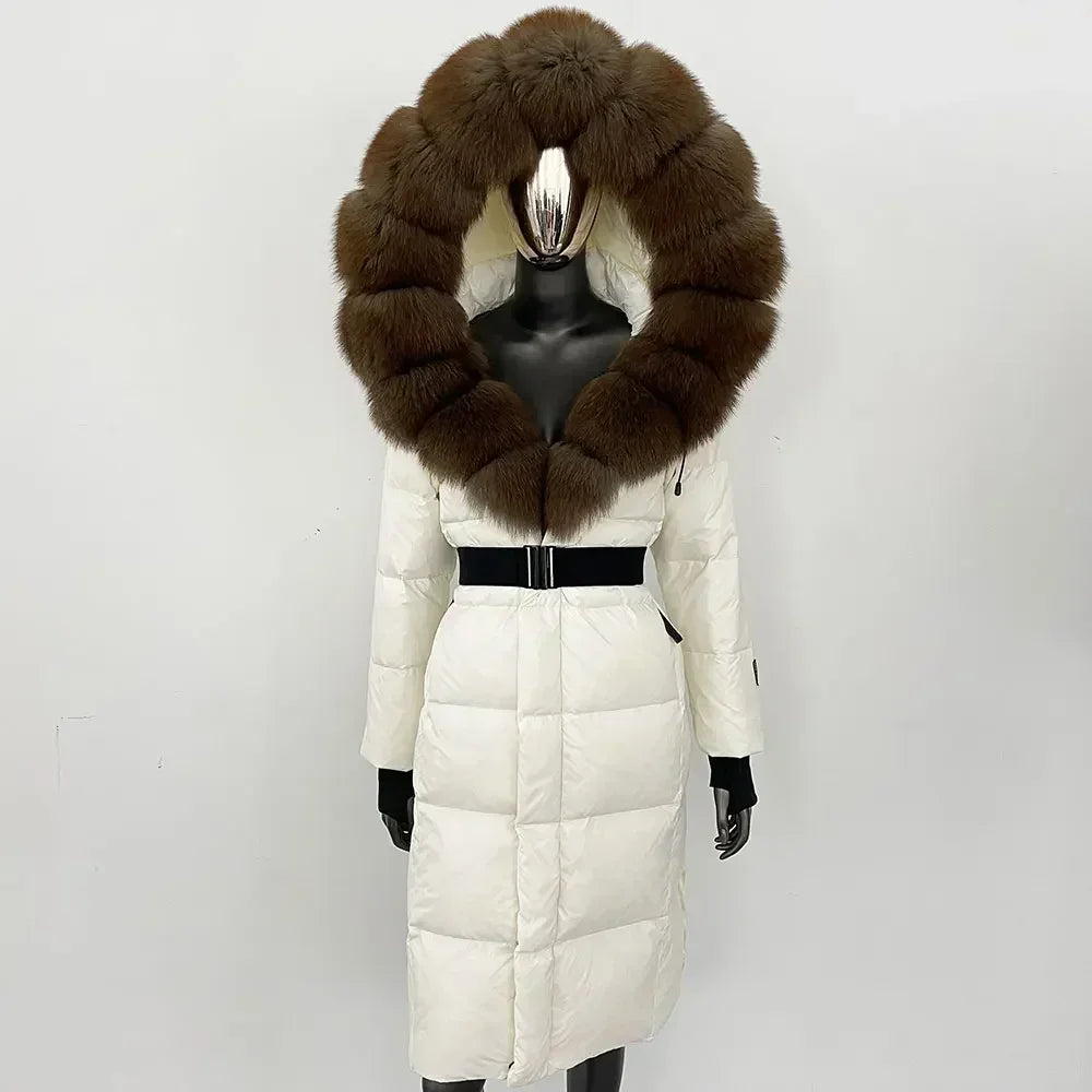 Women's long winter quilted coat with faux-fur hood and belt