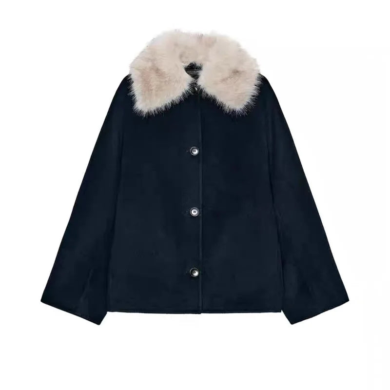 Women's bomber jacket with hood and faux fur collar, brown