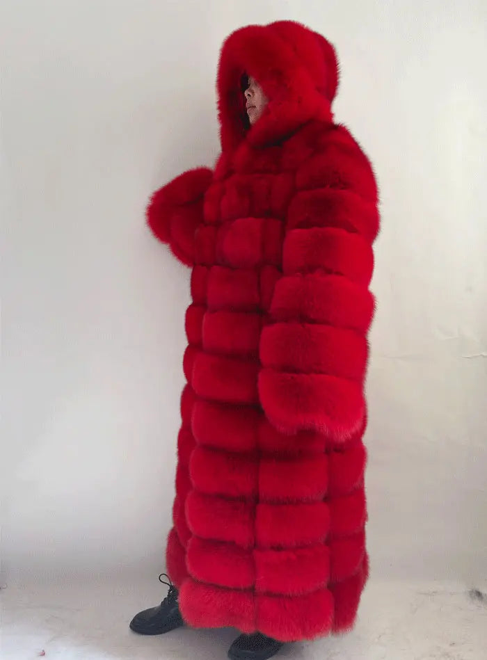 Women's long faux fur coat with hood - Black