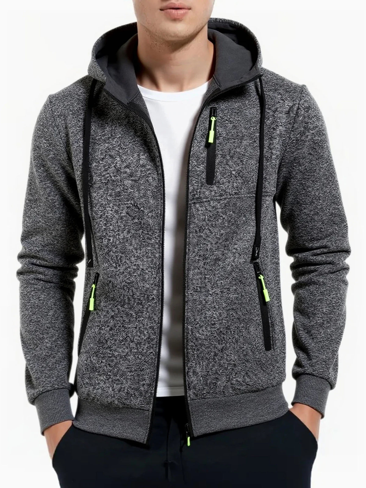 Men's hoodie with zip closure, hooded jacket, heathered or solid-colored with neon accents