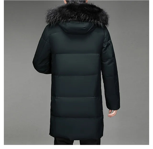 Herren Winter Daunenmantel mit Kapuze und Fellimitat-Besatz Lang Gesteppt