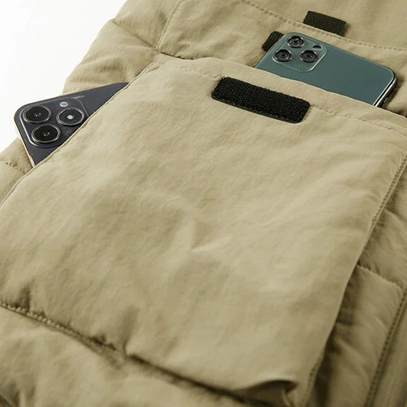 Men's quilted vest with lining, stand-up collar, and pockets