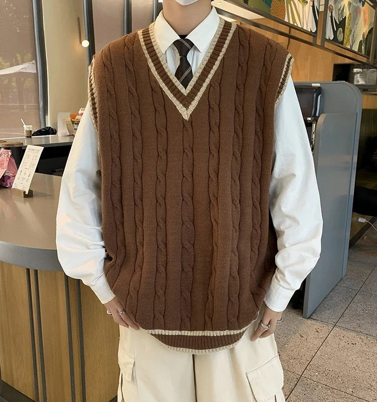 Unisex Strickweste V-Ausschnitt Zopfmuster College-Stil
