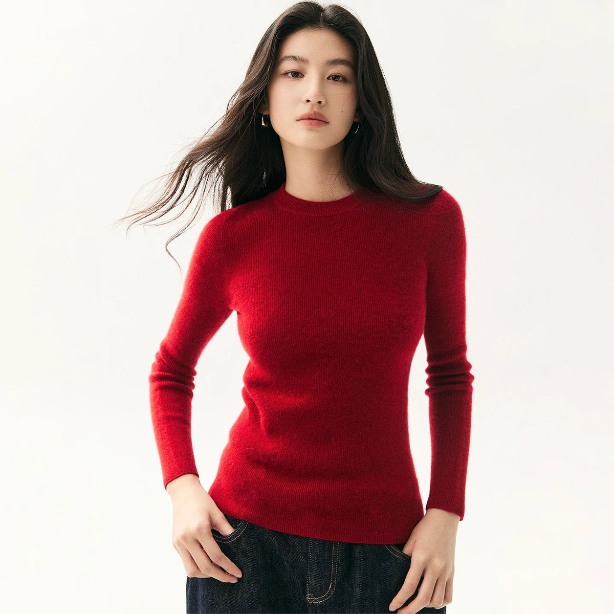 Damen Pullover Rundhals Langarm Gerippter Saum in verschiedenen Farben