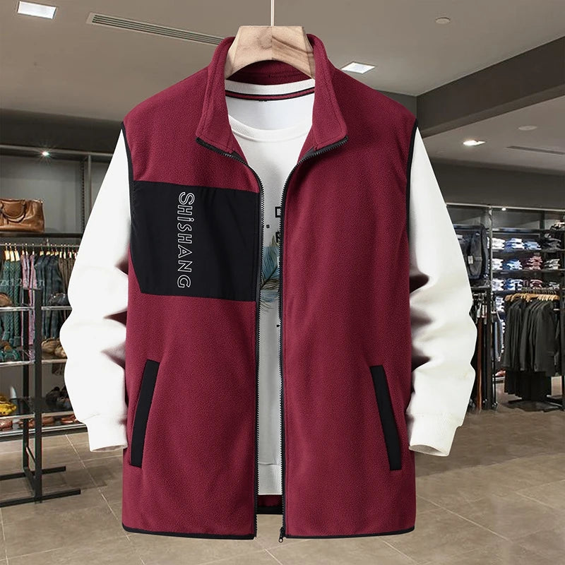 Men's fleece vest with stand-up collar, zipper, and pocket