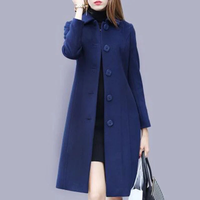 Women's long winter coat, elegant button placket, solid color collar