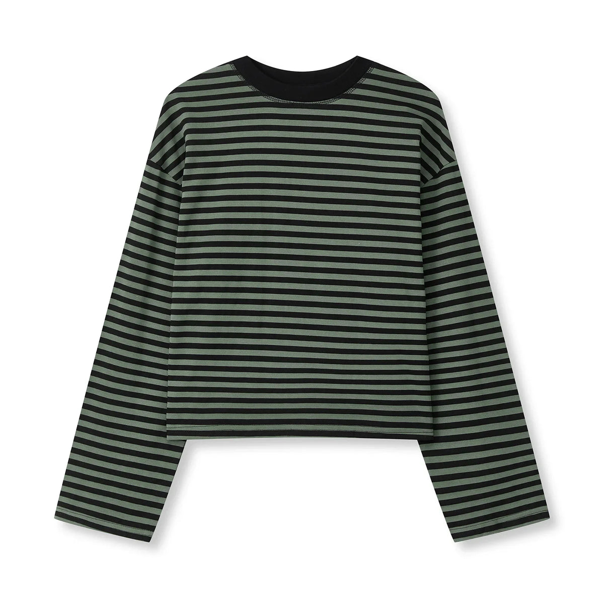 Gestreiftes Langarmshirt Damen Rundhalsausschnitt Oversize Cropped