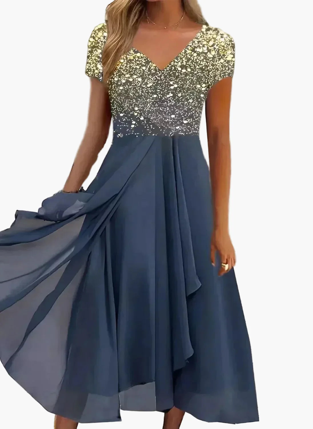 Women's evening dress with floral pattern and V-neck – Elegant party dress for festive occasions