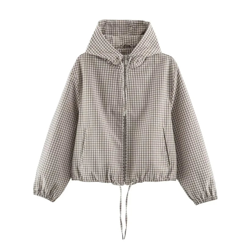 Damen karierte Kapuzenjacke cropped mit Reißverschluss