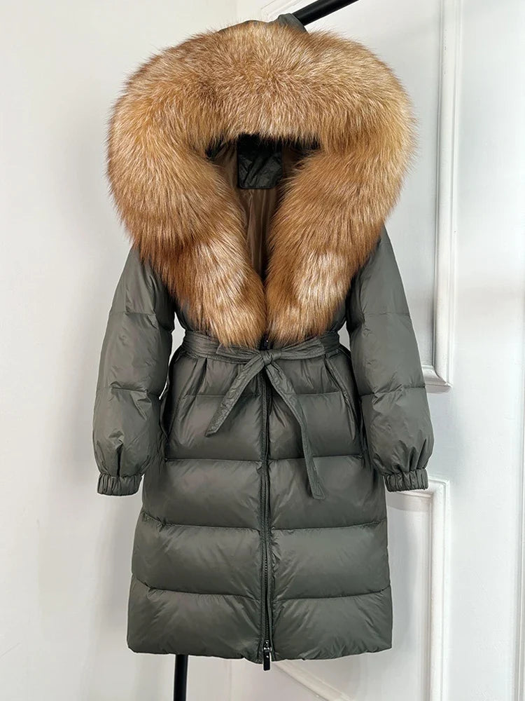 Women's black down coat with fur hood, long winter coat, belt, warm jacket