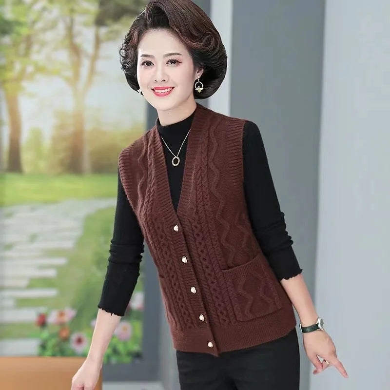 Women's Cable-Knit Vest with V-Neck and Button Placket