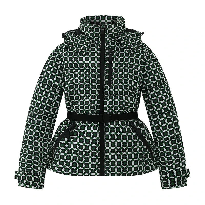 Women's down jacket with hood & belt, shiny/patterned