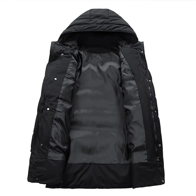 Men's winter padded coat with hood, long, water-repellent, warm jacket