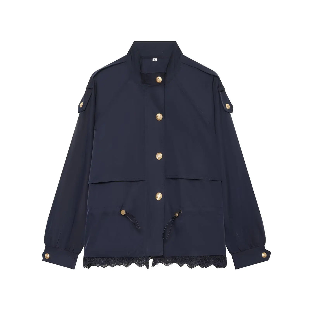 Women's Jacket with Stand Collar, Waist Drawstring and Lace Trim at the Hem