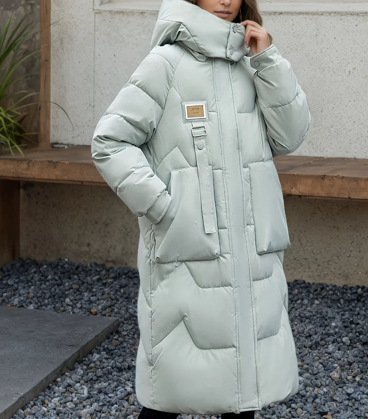 Langer Steppmantel mit Kapuze und Taschen für Damen
