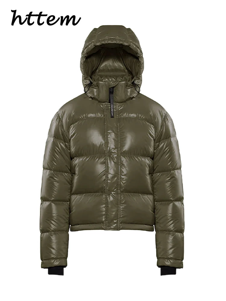 Damen Steppjacke mit Kapuze glänzend Olivgrün