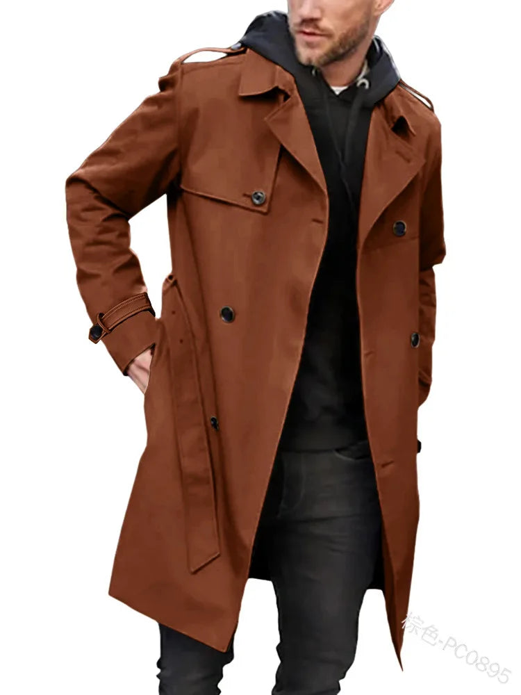 Herren Trenchcoat Zweireiher Mittellang mit Gürtel Klassischer Mantel