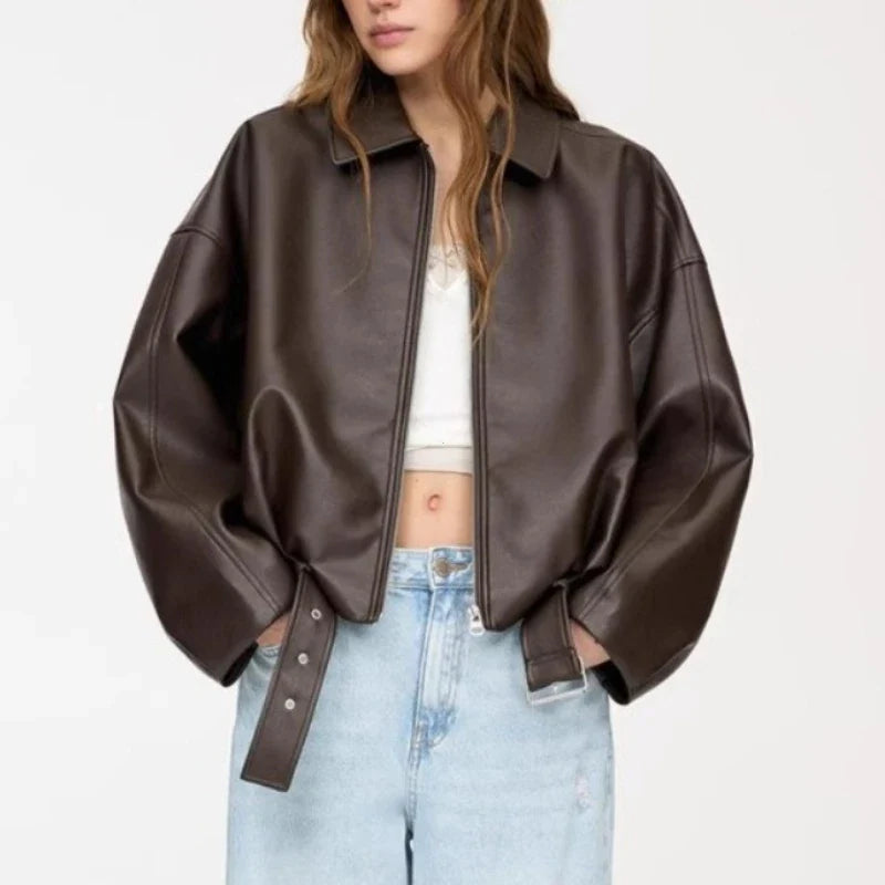 Women's bomber jacket with belt short jacket brown